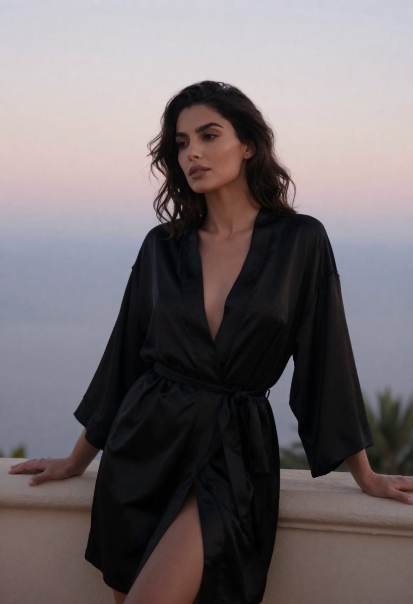 Balcony, Silk Robe at Dawn — AI-generated example with its full prompt